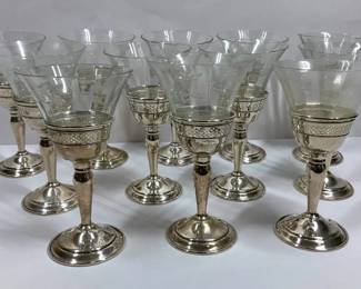 Set of 12 Sterling Silver and Etched Glass Stemware Goblets