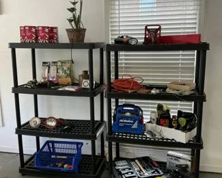 Garage Shelving Units with Automotive Tools, Air Compressor Miscellaneous Supplies