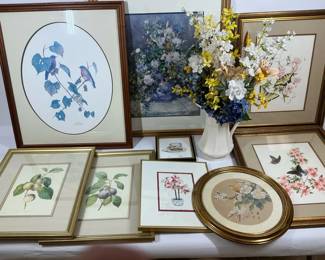 Framed Botanical, Bird Floral Prints with Silk Floral Arrangement