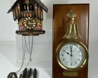 Wall Clock Group Including Cuckoo Clock and Ships Bell Clock
