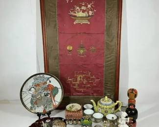 Asian Dcor Collection with Framed Textile Art, Teapot Brass Symbols