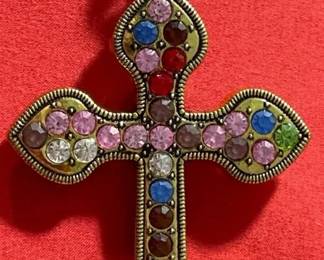 004 Betsy Johnson Multicolored Stone Cross Necklace Large
