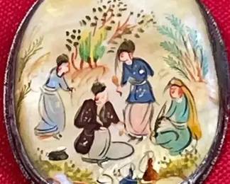 Antique Persian Mother If Pear Handpainted Pin