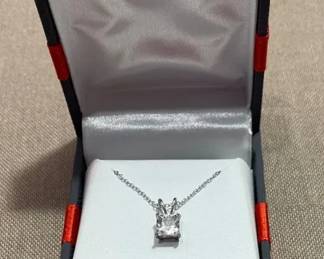 White Sapphire Square Pendant Sterling Silver Necklace