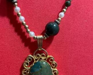 Beaded Necklace With Jade Like filigree Pendant