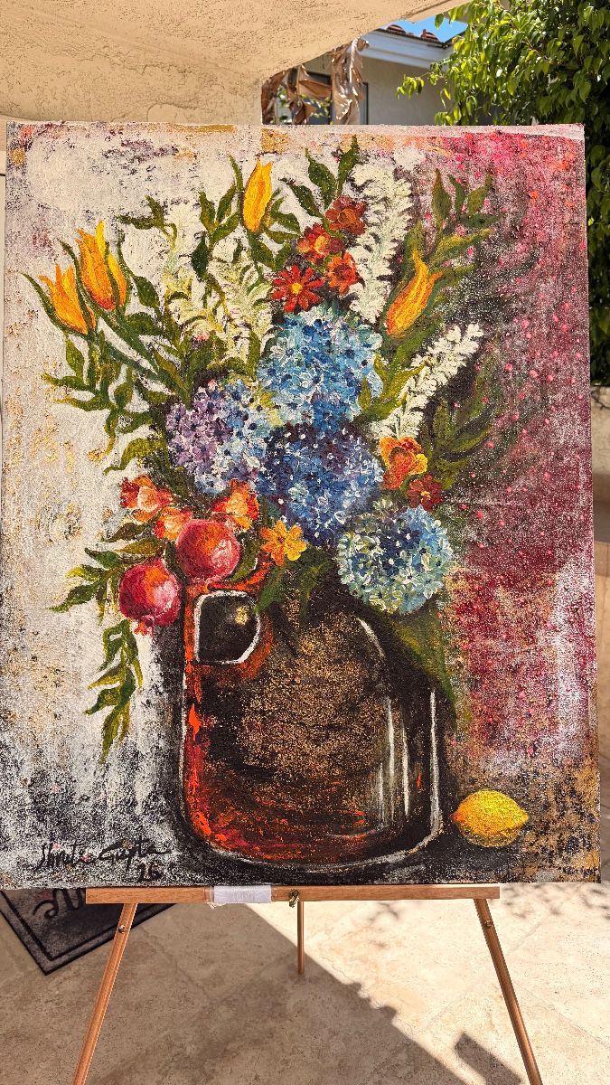 Title-Golden Flower Vase, Size- 3 feet x 4feet, Medium-mix medium with Gold foil on canvas, price-$1200