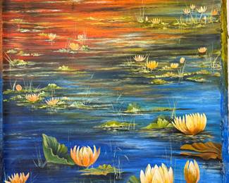 title- water Lilly , Size- 2feet x 5 feet, Medium- Acrylic on silk canvas , Price-$1100