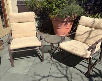 Vintage Brown Jordan.  Two three piece sets for sale each includes one table and two chairs. Table is 19 1/2 in diameter by 17 inches high. 