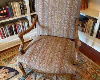 $460. Antique upholstered and wood  framed bergère style chair.  28 inches wide by 22 inches deep by 40 inches high.