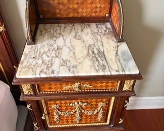 $480. Antique bedside made by Mon Roll, G. Malin, Mallin, & Cie of Paris.  Table 16 inches wide by 14 inches deep by 42 inches high at the top.  
