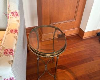 $290. Antique oval cocktail table. Brass base with glass top. 16“ x 13“ x 22“ high.