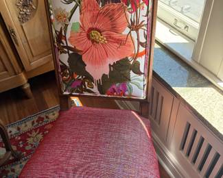$780. Custom upholstered set of four chairs. 19 inches wide by 18 inches deep by 41 inches high.
