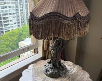 Fringed vintage plaster base lamp.  as found $120. 