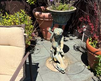 Child with dog cement, statuary planter 18 1/2 inches diameter by 40 inches high