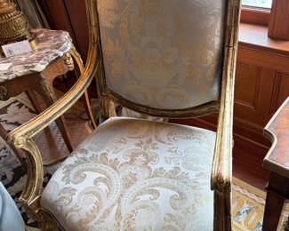 $2800 one of a pair of Antique Louis XVth style chairs.   29 inches wide by 22 inches deep by 43 inches high. Beautiful fabric.