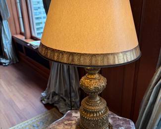 $1200. Pair of solid brass marble base lamps with custom shades, 7 inches diameter by 26 inches high,  stunning!