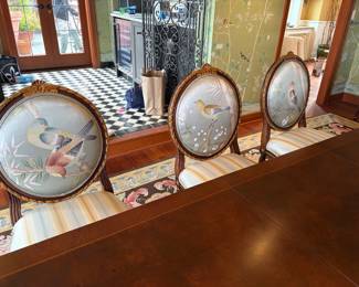 Overview of the birds on three of the side chairs