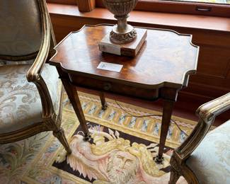 $900. Theodore Alexander table with one drawer and brass trim made of mahogany and rosewood. Originally $1430.  27.5"w x 17.5"d x 28.5"h.  Check out the brass frogs on the feet.