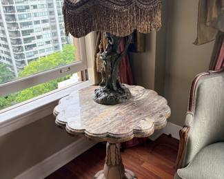 $680. Antique marble topped pedestal table with scalloped edge detail.  28 inch diameter by 28 inches high.