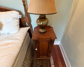 $210. Antique table bedside. 14 inches wide by 13 1/2 inches deep by 29 1/2 inches high. Lamp available for in person shopping only.