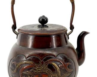 Thin Bronze Japanese Phoenix Design Tea Kettle