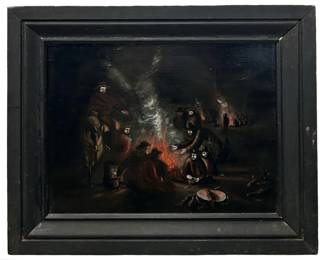 Antique Western Campfire Oil on Canvas
