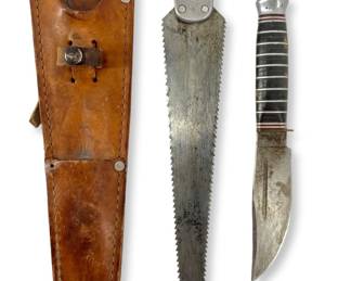 Vintage Hunting Knife and Saw with Leather Sheath