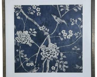 Vintage Asian Prussian Blue Bird & Floral Print