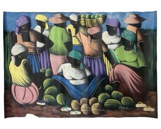 Beautiful Signed Haitian Folk Art Oil on Tapestry