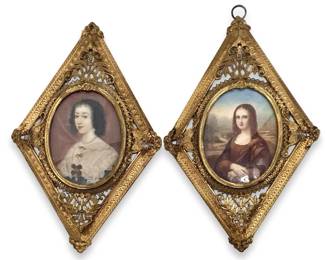 2pc Antique Brass Framed French Portraits