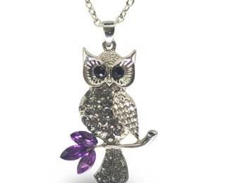 Long Silver CZ Owl Art Glass Pendant Necklace