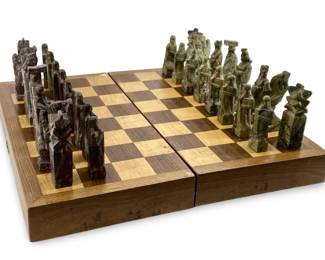 Vintage Korean Wood and Stone Portable Chess Set