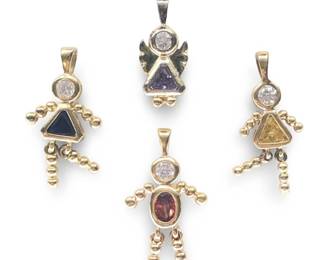 (4) Figural Sterling Gold Tone Gemstone Pendants