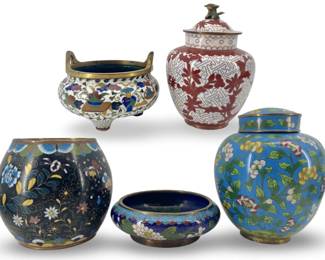 5pc Chinese Enameled Cloisonné Pots, Urns, & Vases