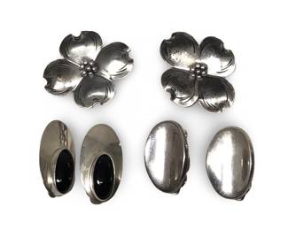 3 Pair Sterling Silver Onyx Floral Clip Earrings