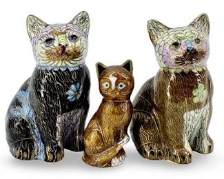 3pc Antique Enameled Cloisonné Cat Sculptures