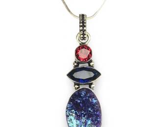 Sterling Silver Druzy Amethyst Art Glass Pendant