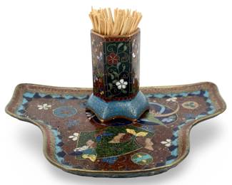 Meiji Cloisonné Toothpick Holder and Tray