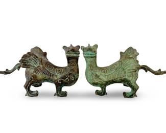 2pc Antique Chinese Bronze Mythological Beasts