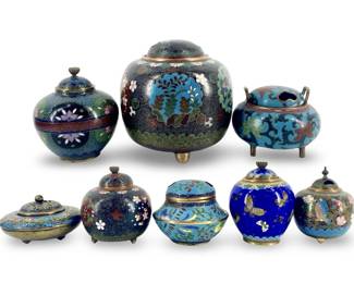 8pc Japanese Brass Cloisonné Lidded Vases