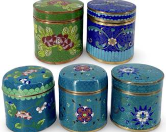 5pc Enameled Cloisonné Brass Dresser Boxes