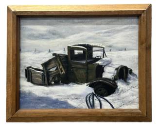 Signed J.E. Miller Winter Tractor Oil on Canvas