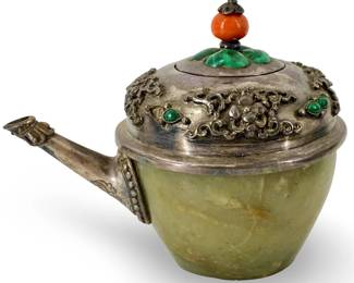 Antique Chinese Jade and Silver Teapot