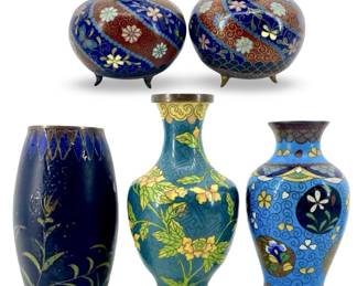 5pc Enameled Cloisonné Brass Vase Collection