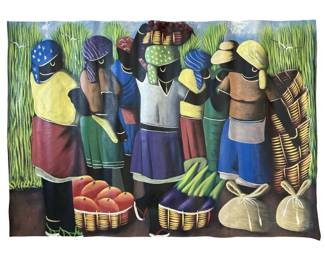 Signed Haitian Folk Art Oil on Tapestry