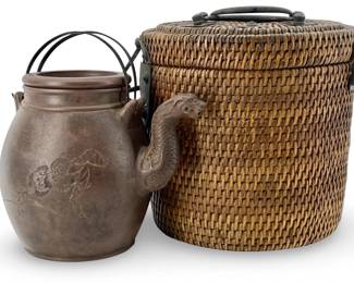 Vintage Japanese Ceramic Teapot and Basket
