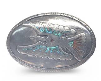Native American Silver Turquoise Coral Belt Buckle