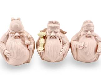 3pc Chinese Fu Lu Shou Pink Art Glass Figures