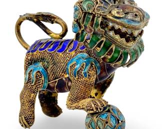 Antique Chinese Enameled Brass Filigree Foo Lion