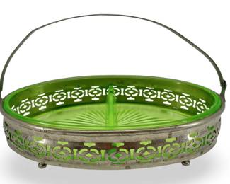 Antique Silver & Uranium Art Glass Divided Basket